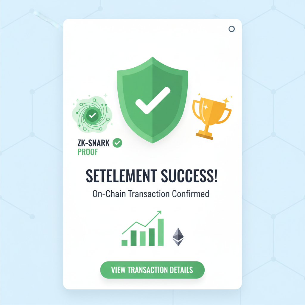 on-chain settlement success screen, Ethereum blockchain with green verified zk-snark proof, trophy and charts