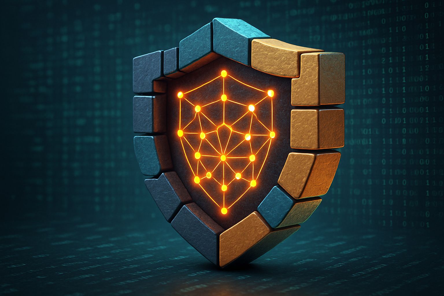 Futuristic AI agent shielded by zkML protecting private memory on blockchain network, illustrating verifiable privacy-preserving AI