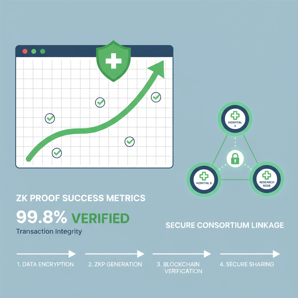dashboard chart verifying ZKPs green success metrics, hospital consortium nodes linked securely