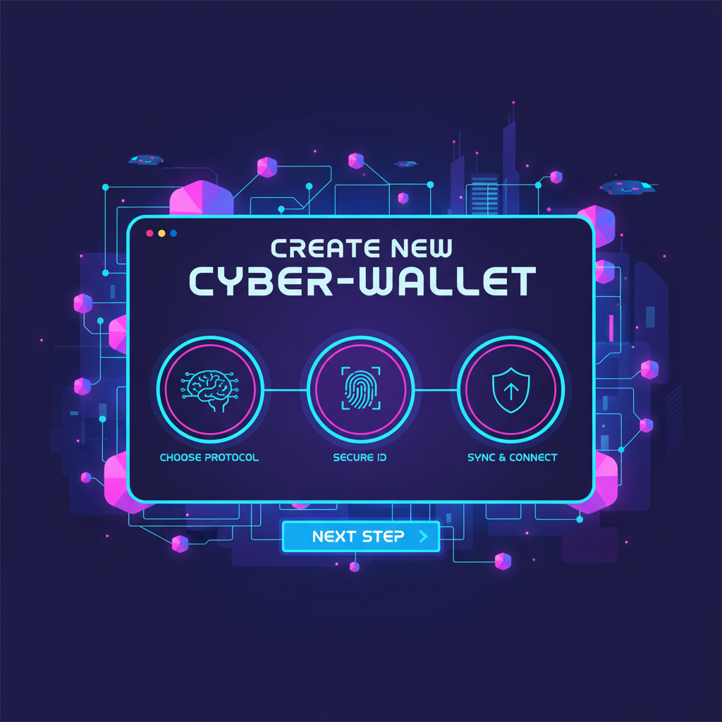 cyberpunk wallet creation screen glowing with neon blues, blockchain nodes connecting, energetic vibe
