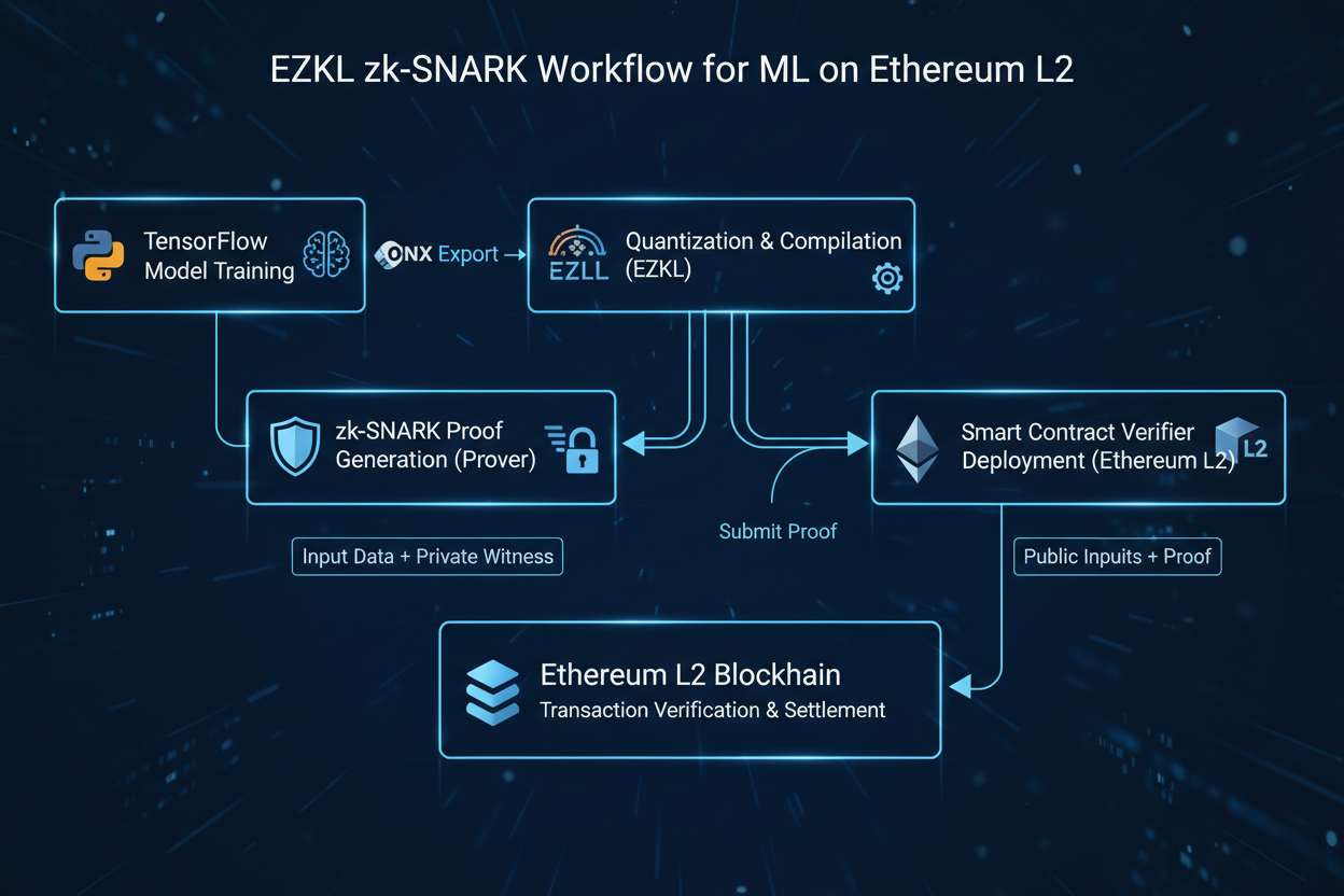 Diagram of EZKL workflow: TensorFlow model exported to ONNX format, converted to zk-SNARK proof for verifiable on-chain inference on Ethereum Layer 2 ZKML