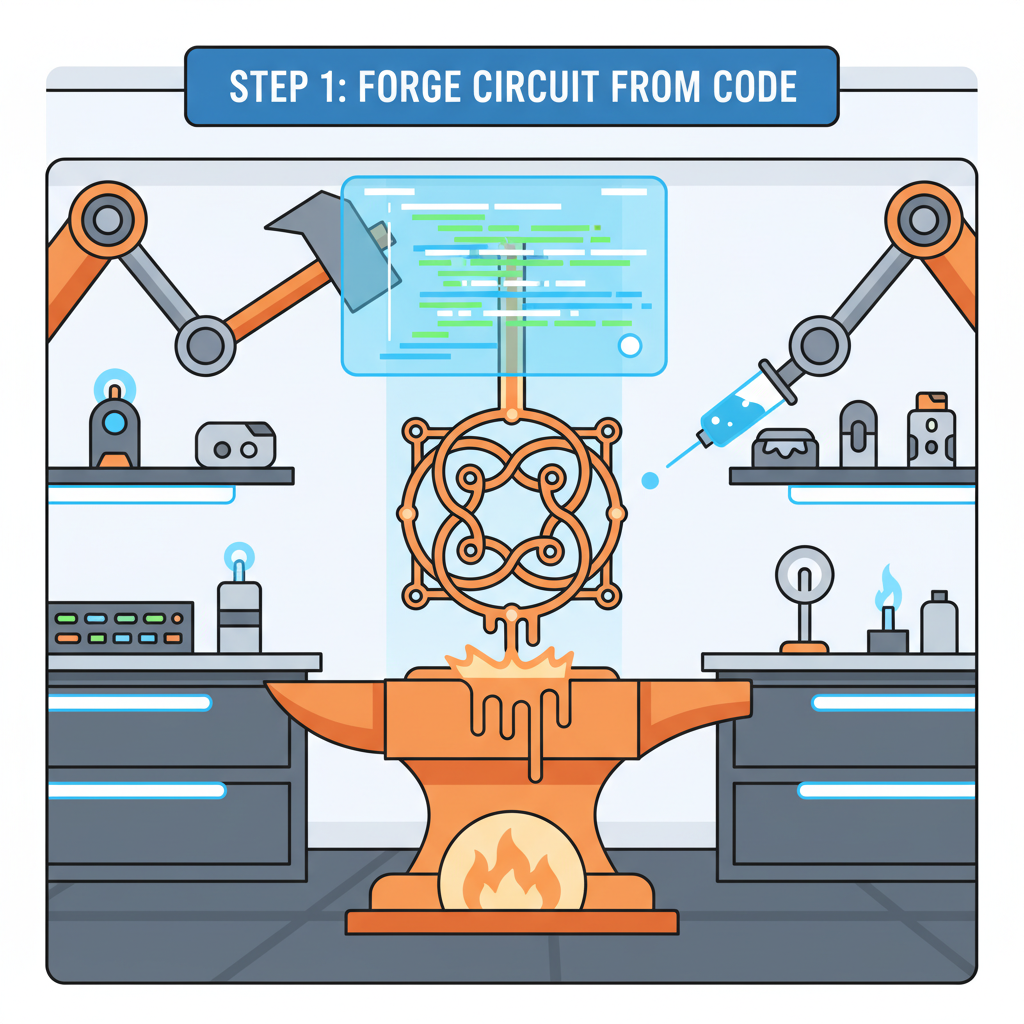 forging metallic Circom circuit from code, fiery anvil, futuristic workshop