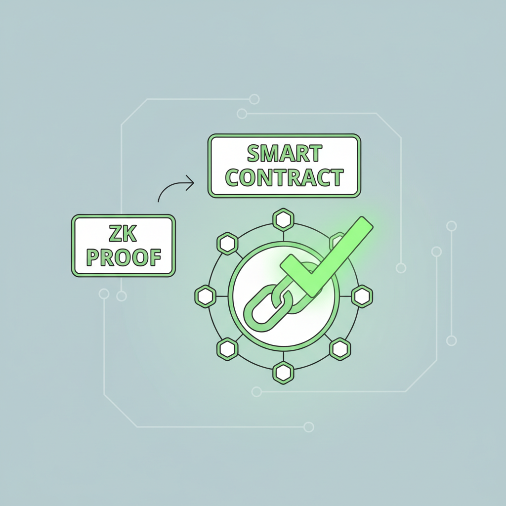 blockchain smart contract verifying ZK proof, chain links and checkmark, decentralized network, green verification glow