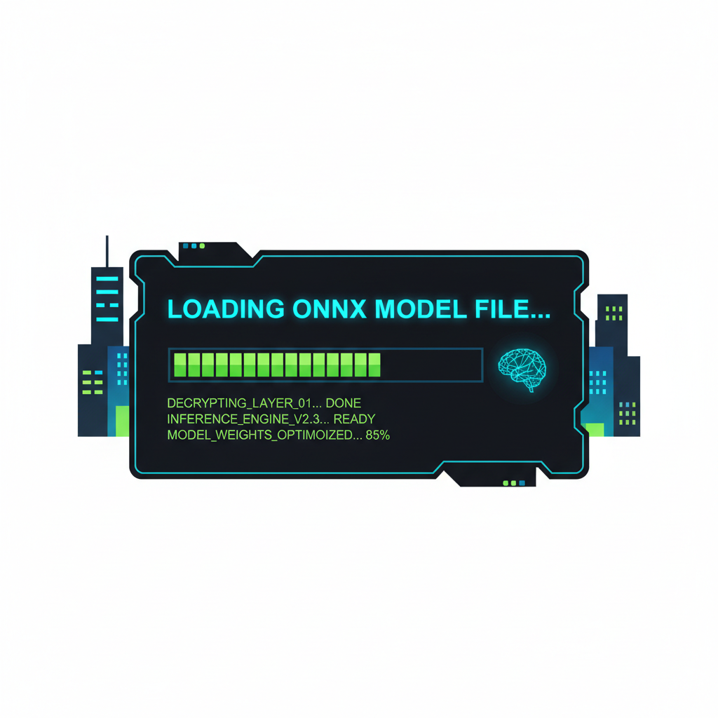 cyberpunk terminal loading glowing ONNX model file, neon blues and greens