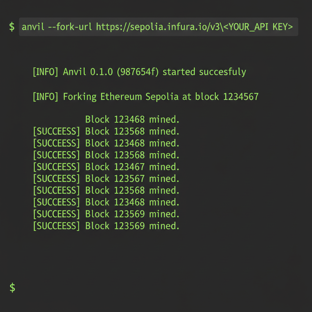 terminal screen forking Ethereum Sepolia with Anvil, green success logs, dark mode