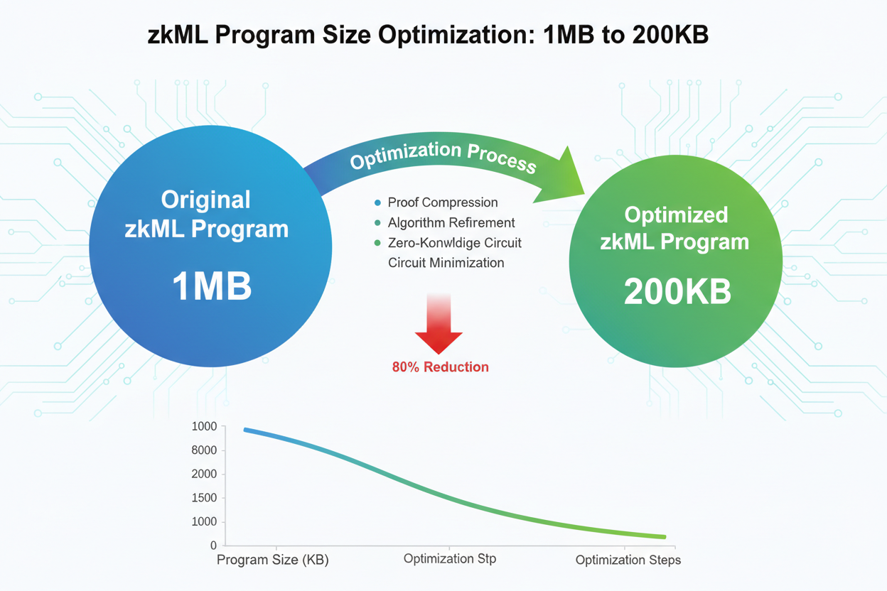 Diagram illustrating zkML program size reduction from 1MB to under 200KB via optimization techniques for efficient Ethereum deployment