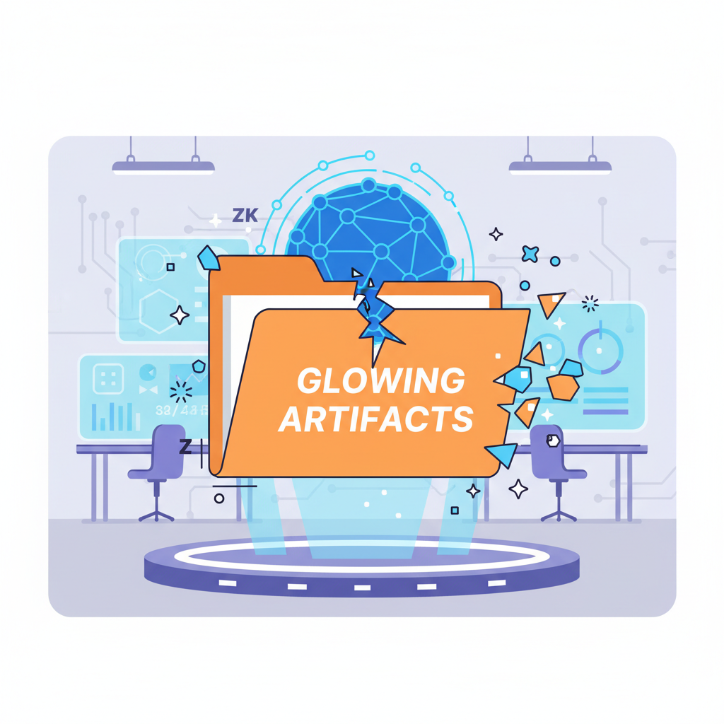 neural network model slicing into glowing artifacts folder, zk proofs sparkling, high-tech lab