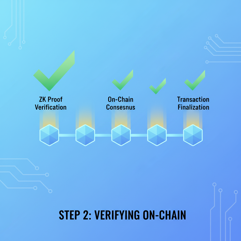 verifying ZK proof on blockchain network with checkmarks and on-chain nodes shining