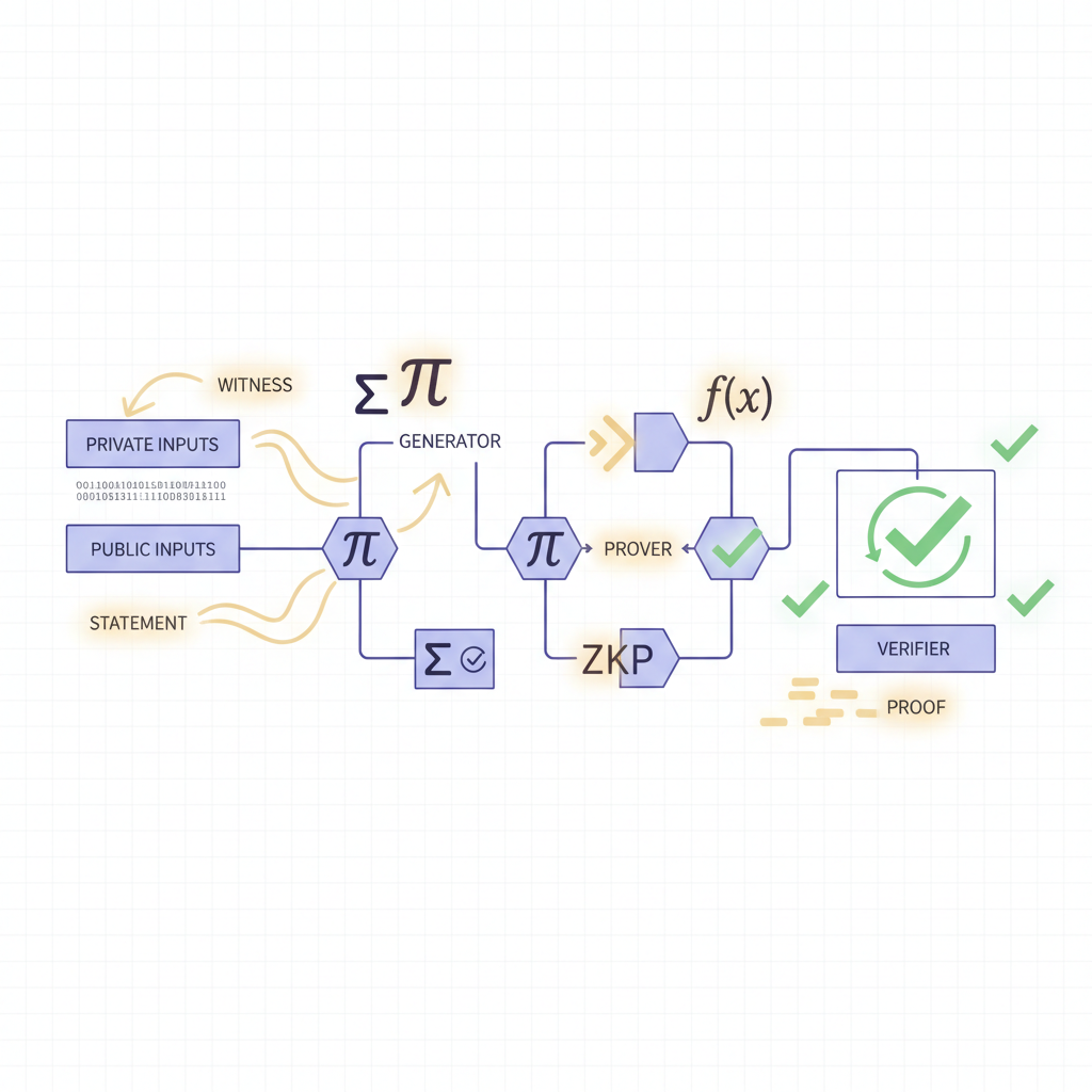 zero-knowledge proof generation circuit diagram glowing proofs, math symbols, verification checkmarks