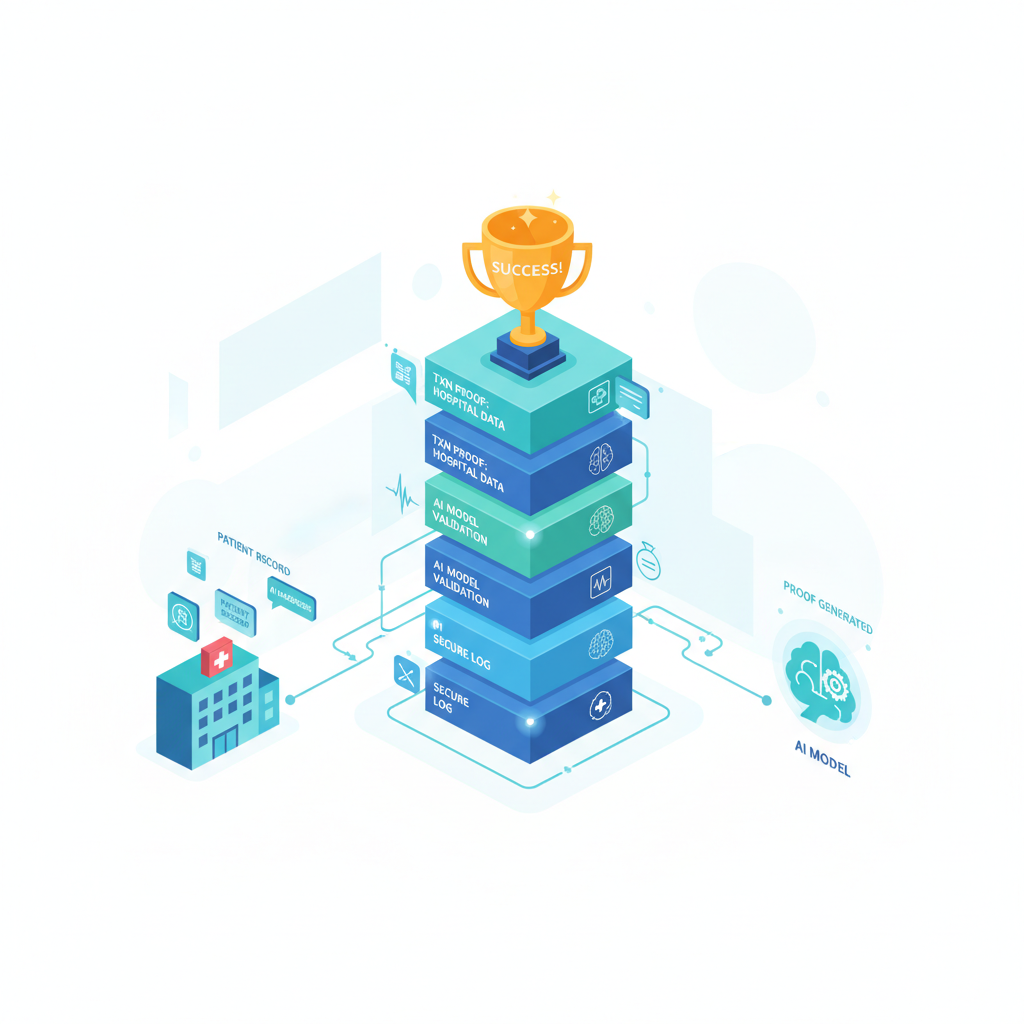blockchain logging transaction hospital AI model proofs, ledger blocks stacking, success trophy